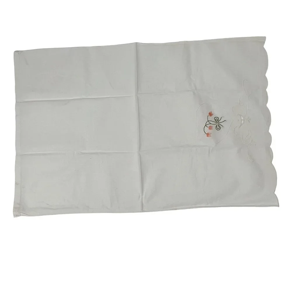 Vintage Hand-Embroidered Tea Towels White Pink Flowers Set of 2